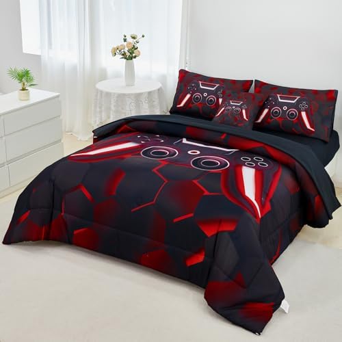 URBONUR Black and Red Gaming Comforter Set Twin Size for Boys 6 Pieces - Image 2
