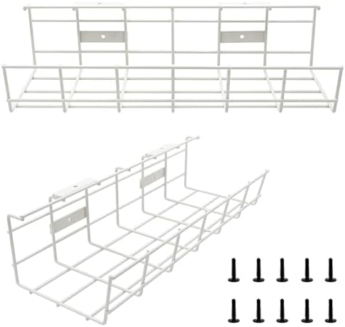 Under Desk Cable Tray - 2 Pack Cable Raceway for Wire Management. Metal Wire Organizer for Office, Studio and Home. Super Sturdy Cord Organizer for Desk - White Cable Management Under Desks by Coyacool