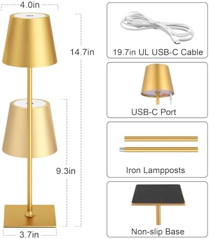 Kakanuo Gold Cordless Rechargeable Table Lamp 5000mAh Battery Operated Lamps, 3 Colors Stepless Dimming Touch Lamp for Dining, Living Room, Outdoor Patio, Kitchen Counter, 4 Pack - Image 5