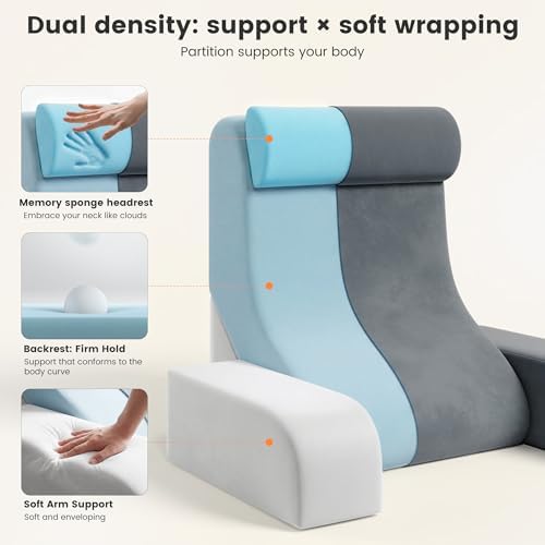 Homkdom Reading Pillow for Sitting in Bed Adult, 20" Back Pillow for Bed Sitting up with Armrests & Storage Pockets, Ergonomic Wedge Pillow for Watching TV, Gaming, Working, Recovery, 5PCS, Grey - Image 3