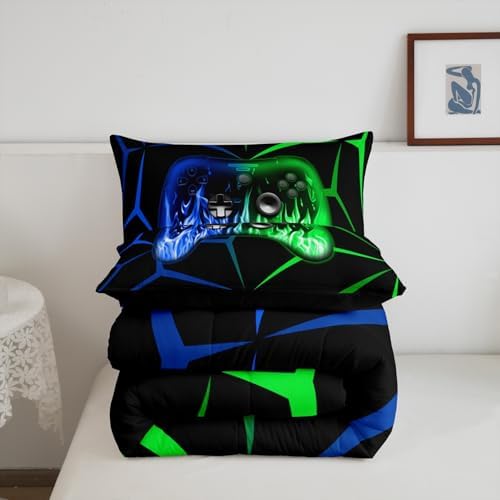 Feelyou Gamer Comforter Set for Kids Boys,3D Video Gaming Bedding Set King Size,Teens Bedroom Room Decor,Green and Blue Game Contoller Comforter,Geometric Game Bed Set All Season for Game Lovers - Image 5