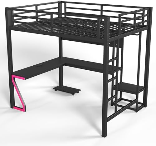 DNYN Metal Loft Bed with L-Shaped Desk and USB Ports for Teens/Adults Bedroom, Heavy-Duty Full Size Metal Bed Frame with Computer Tray/Peg Board/Gaming Style Z-Shaped LED, No Box Spring Needed - Image 7