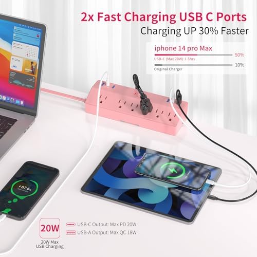 Pink Desk Clamp Power Strip 6FT with 40W USB C Ports, JXGUCAT Flat Plug Desk Mount Power Strip Surge Protector, Removable Extension Cord with 2 USB-C Ports 6 Outlets, Fits 1.8" Tabletop Edge - Image 2