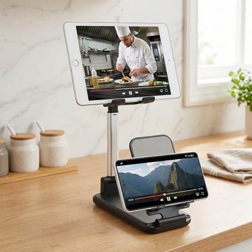 aceyoon Dual Device Desktop Stand, Adjustable Phone Tablet Holder for 4.6-12.9” Devices Versatile 2 in 1 Stand Game Stream Companion Foldable Bracket with Non-Slip Silicone for Smart Phone - Image 6
