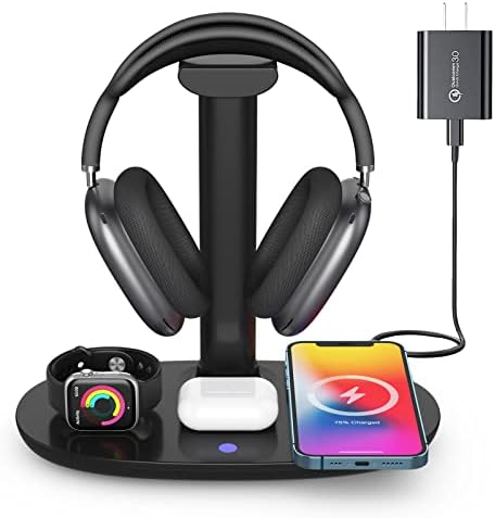 Headphone Stand with 15w Wireless Charger, Suguder 4 in 1 Charging Station Headset Holder for AirPods Max/Pro/4/3/2 iWatch 10/9/8/7/6/5/4/3/2/1/SE iPhone 17/16/15/14/13/12/11/X for Desktop Table Game by Suguder