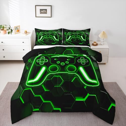 Erosebridal Gamer Comforter Set Neon Honeycomb Gaming King Bedding Set, Game Boy Games Comforter Green Hexagon Lights Duvet Insert,Boys Bedroom Decor - Image 6
