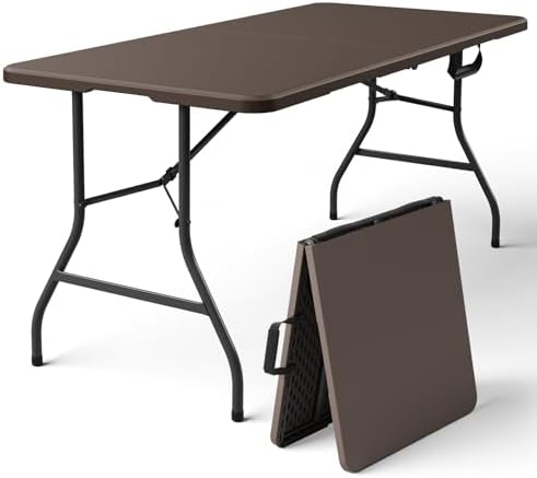 Folding Table 5FT Heavy Duty Plastic Table with Handle, Foldable&Portable, Fold-in-Half Utility Tables for Outdoor, Dining, Wedding, Events, Indoor, Picnic, Camping, Party, Brown by FoldingFurniture