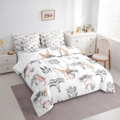 Feelyou Cute Giraffe Comforter Set with Sheets 7 Piece Queen Size Tiger Bedding Set for Kids Boys Girls Deer Bed in a Bag Jungle Animals Room Decor Botanical Tropical Tree Grey Orange - Image 2