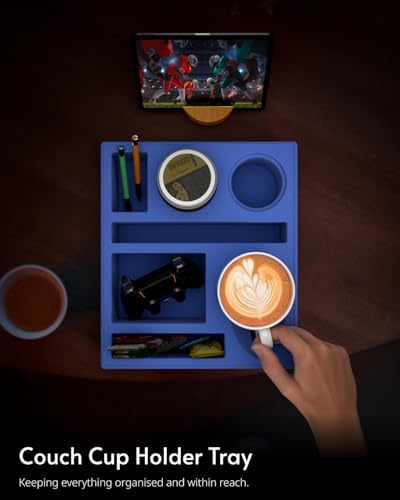 Couch Cup Holder Tray - Couch Organizer Caddy, Silicone Beach Caddy with Cup Holder, Sofa and Bed Drink Holder and Couch Tray Table for Snacks Beverage Remote (Blue) - Image 6