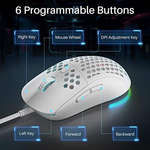 DIERYA M1SE Wired Gaming Mouse with Honeycomb Shell, 12800DPI Optical Sensor, 6 Programmable Macros, Software Support for Custom Key Config, and RGB Settings for Windows 7/8/10/XP, Vista, Linux-White - Image 4