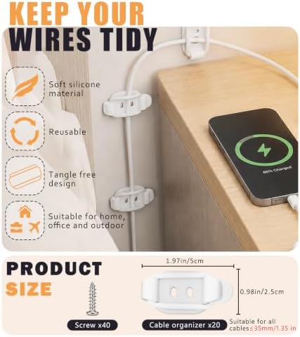 20Pcs Cable Management Clips, Adhesive Cord Holder Organizer-White - Image 2