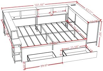 Bellemave Queen Size Corner Bed Frame with Storage Drawers, Bookcase and Side Desk, Queen Corner Bed with Light and Charging Station, Daybed for Bedroom, Living Room, Guest Room Black - Image 2