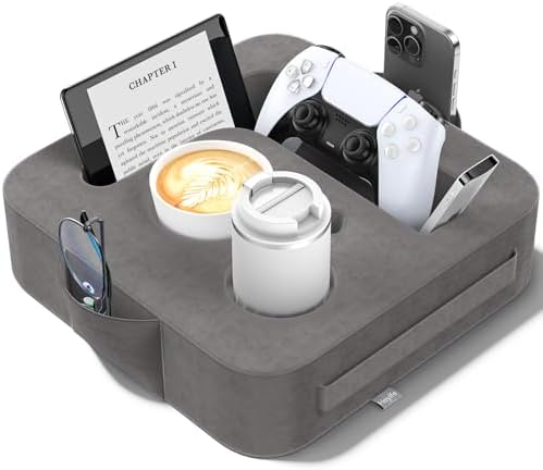 Couch Cup Holder Pillow, Sofa and Bed Caddy for iPad, Kindle, Switch, Game Controller, Remotes, Phones, Small-Sized Cup & Drink Holder for Couch, Bed, Desk, Car, Beach, Bathroom Cup Holder, Deep Gray by Unknown