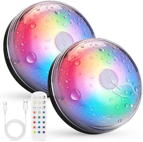 Combuh Rechargeable RGB Ambient Shower Light Waterproof Inside, 15 Color Changing Mood Lighting for Bathroom Bathtub IP65 Waterproof Cordless Battery Operated Stick on Lamp with Remote(Black 2 Pack) by Combuh
