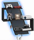 S-Shaped Gaming Floating Shelf with LED Light Strip, 3 Tier Wall Floating Shelf with Pegboard & 4 Removable Hooks, for Bedroom, Game Room, Living Room, Study, Black by STHYTON