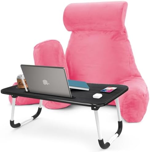 Nestl Reading Pillow with Portable Laptop Lap Desk - Shredded Memory Foam Back Support Pillow for Sitting Up in Bed and Couch Rest Pillows with Arms, Bed Tray Table with Foldable Legs, Light Pink by Nestl