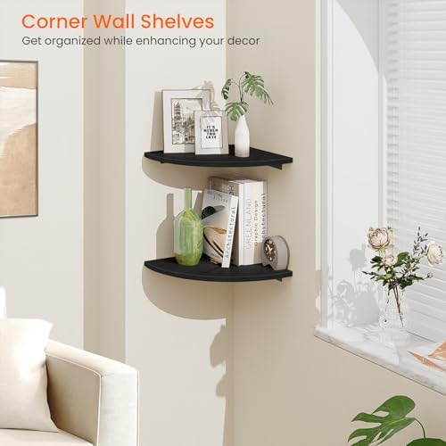 Homode Corner Floating Shelves, 12" Deep Corner Shelves Wall Mounted with Cord Hole, 2 Tier Curved Corner Hanging Shelving for Wall Storage, for Cable Box, TV Cords, Books, Plants, Black - Image 6