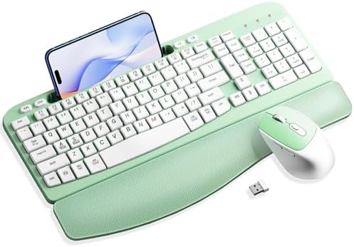 Hayyiesh Ergonomic Wave Keys Wireless Keyboard and Mouse Combo, Full Size with Memory Foam Wrist Rest & Phone Holder, 2.4G Cordless Set with USB-C Adapter for Windows Mac Desktop Laptop (Mint Green) by Hayyiesh