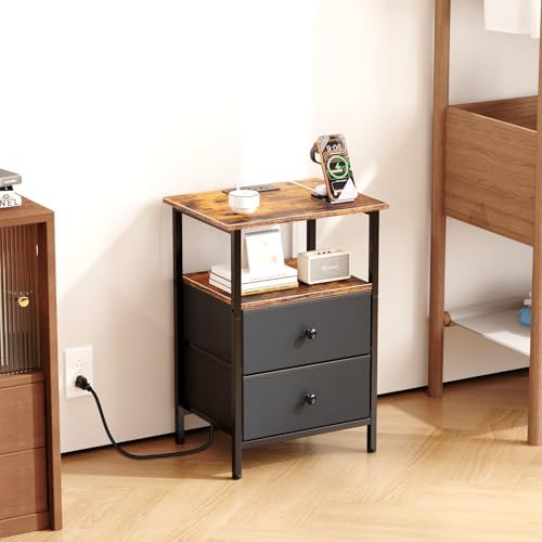 Nightstand with Charging Station, Bedside End Table with 2 Fabric Drawers for Bedroom, Side Table with USB Ports and Outlets (Brown Black) - Image 6