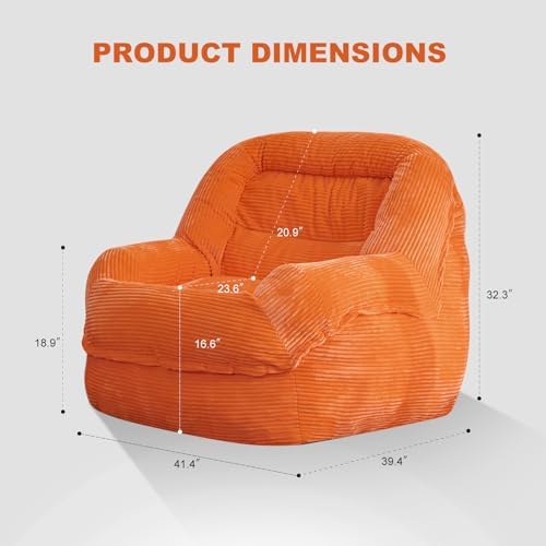 Giant Bean Bag Chair for Adults, Oversized Floor Lounge Chair with Armrests | Orange, soft corduroy and resilient foam for living rooms, bedrooms, reading nooks, gaming rooms, movie nights, and pets - Image 2