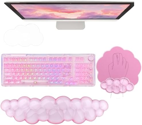 Gel Cloud Wrist Rest Keyboard Clear Pink Mouse Pad with Wrist Rest Set 3PCS Ergonomic Cool Keyboard Wrist Pad Cute Acrylic Coaster Non-Slip Base Cute Transparent Mouse Wrist Pad Support for Computer by WFCYGL
