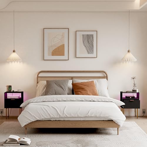 Modern Nightstand with Charging Station and LED Lights, Black Nightstand with Drawer, Fluted Nightstand for Living Room, Bedroom - Image 5