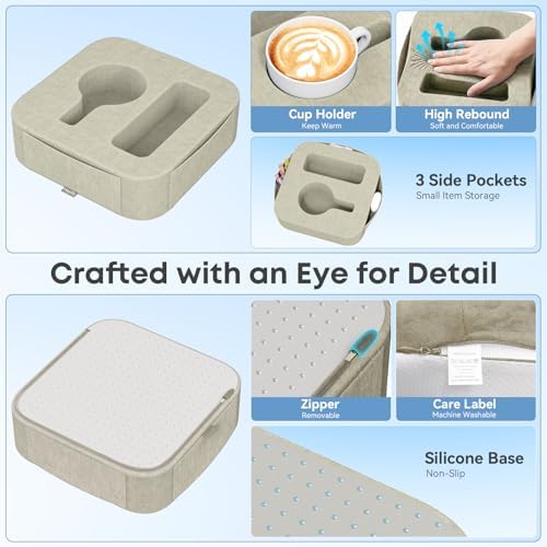 Couch Cup Holder Pillow, Couch Caddy for Drink, Snack, Phone, Remote, Game Controller, Removable and Washable Cup Cozy Pillow, Small Sofa Cup Holder Tray for Bed, Car, Desk, Sofa, Khaki - Image 3