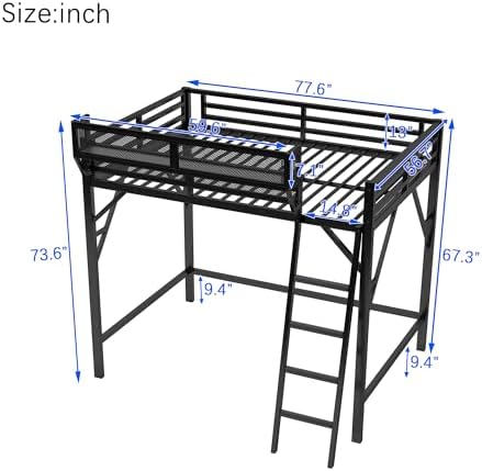 KEIKI Full Size Metal Loft Bed Frame with Ladder and Built-in Storage Shelves, for Teens, Modern Style Loft Bed with Solid Slats, Guardrail, No Box Spring Required, Easy Assembly, for Bedroom, Black - Image 2