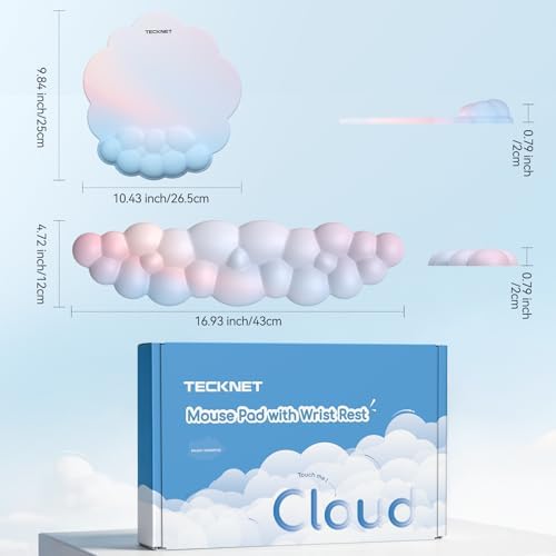TECKNET Cloud Wrist Rest & Ergonomic Mouse Pad, Cloud Keyboard Wrist Rest with Non-Slip Base, PU Leather Memory Foam Wrist Pad for Keyboard and Mouse, Pain Relief for Typing, Gaming, Rainbow - Image 2