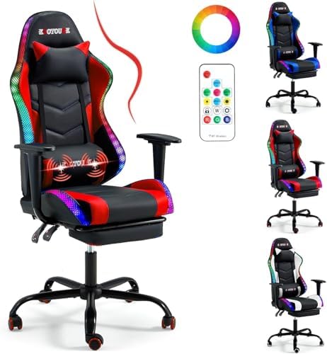 ECOTOUGE Gaming Chair, Video Game Chair with RGB LED Lights & Footrest | Ergonomic Computer Chair Height Adjustable with Massage Lumbar Support and Headrest for Adults and Kids, Black&Red by ECOTOUGE