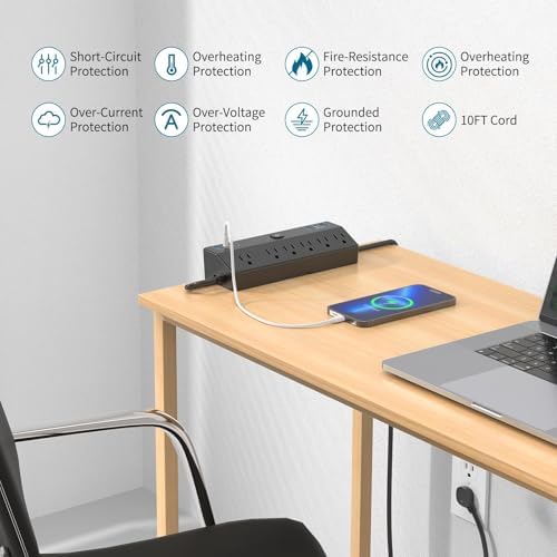 Desk Clamp Power Strip with 40W Fast Charging Station, JXGUCAT 10ft Flat Plug Power Strip Surge Protector, 2 USB-C Ports, 6 AC Outlets, Fit 2.48" Tabletop Edge, Home Office Desk Accessories Essentials - Image 6