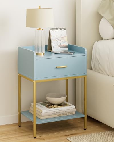 Masupu Nightstand,Bedside Table 3-Tier Modern Night Stand with Storage Drawer and Shelf,Small End Side Table for Bedroom,Living Room,Black (Without Outlet, Blue) by Masupu