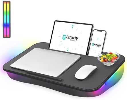 Lap Desk, Portable Laptop Desk with Cushion and Multi-Color Glow, Extra Wide Surface Fits 17” Laptop, Tray for Bed, Sofa, Travel or Car – ISTUDYNITURE (Black, Ambient Colors) by Istudyniture
