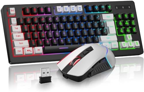 BlueFinger Wireless Gaming Keyboard and Mouse Combo, RGB Rainbow Backlit Rechargeable Battery, 87 Keys TKL Light Up Keyboard with Ergonomic Gaming Mouse for Mac Laptop Computer PC Gamer(White & Black) by BlueFinger