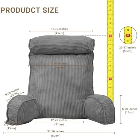 Reading Pillow for Bed with Detachable Neck Roll and Shredded Memory Foam, Back Pillow with Arms for Sitting Up, Washable Bed Rest Pillow with Side Pocket for Gaming, Sofa, Dorm - Light Gray - Image 2