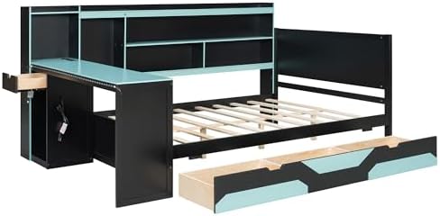 Merax Full Size Gaming Daybed with Integrated Desk and Lights, Wooden Platform Bed Frame with 3 Storage Drawers and Built-in Charging Station, Multi-Functional Headboard Shelves, No Box Spring Needed - Image 7