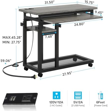 Tribesigns Small Portable Desk with Power Outlet, Height Adjustable Sofa Couch Bedside Laptop Table with Wheels, Mobile Standing Desk Rolling Computer Cart C Side Table with USB Ports - Image 2