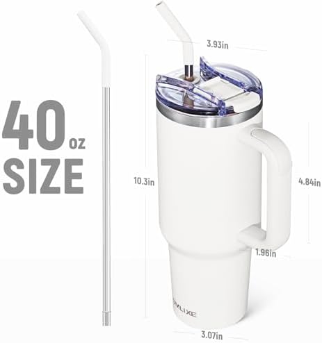 40 oz Tumbler with Handle and Straw Lid,Insulated Reusable Stainless Steel Water Bottle Travel Mug，Cupholder Friendly Double Wall Vacuum Sealed Cup (Snow) - Image 3