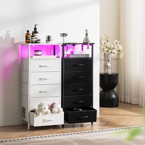 Yoobure 5 Drawers Dresser for Bedroom, Tall Nightstand with Charging Station, Fabric Dresser for Closet with Storage Shelf, Vertical Dressers Chest LED Night Stand, Bedside Table for Dorm Living Room - Image 2