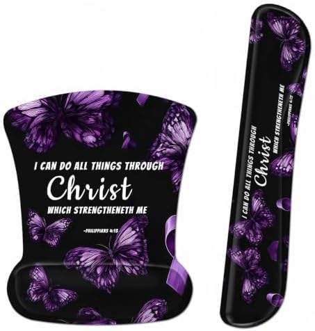 3-in-1 Ergonomic Mouse Pad with Wrist Support, Memory Foam Keyboard Wrist Rest Pad Set & Coaster, Non-Slip Base Desk Mat with Purple Butterfly Bible Verse for Office Home Computer & Laptop by Dikoer