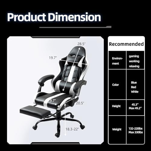 ECOTOUGE Massage Gaming Chair with Footrest & Lumbar Support, White | Premium PU Leather; Ergonomic Massage Lumbar; 90-135° Recline; Height Adjustable; Retractable Footrest; 330Lbs Steel Frame - Image 3