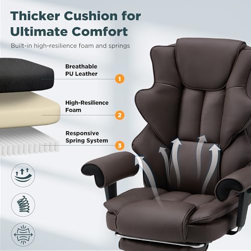 HOMREST Brown Ergonomic Office Chair | 6-Point Vibration Massage & Heat, Reclining Executive Chair, Adjustable Footrest and Armrests, PU Leather Big and Tall - Image 6
