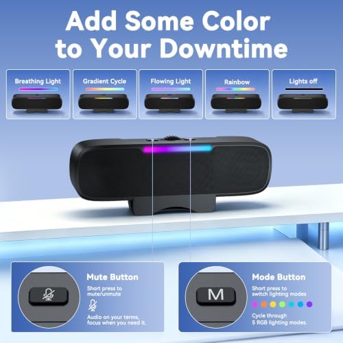 OHAYO Computer Speakers for Desktop PC Monitor, USB Plug-in Laptop Speaker Bar with G-Sensor, BT 6.0, Loud Sound with Deep Bass, RGB Light, Easy Clip-on Design, Volume Knob, USB-C Adapter (Black) - Image 6