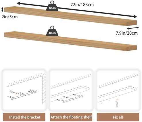 72 inch Long Floating Shelves for Wall,Solid Wood Long Wall Shelves Set of 2,Natural Wooden Mounted Shelf,Bookshelf Bathroom Shelves (Natural, 72 Inch) - Image 2