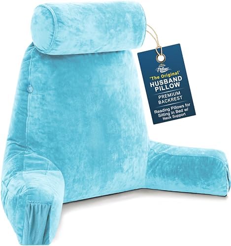 Husband Pillow Medium Reading Pillow with Arms - 23" Backrest for Sitting Up in Bed - Firm Support Bed Rest Pillow for Adults, Neck Roll, Removable Cover - TV, Reading, Lounging - Carolina Blue by HusbandPillow