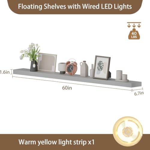60 inch LED Gaming Floating Shelves for Wall,Solid Wood Long Wall Shelves Set of 1 with Light for Gaming Room,G1ey Rustic Wall Mounted Shelves for Living Room Bedroom Kitchen Garage - Image 2