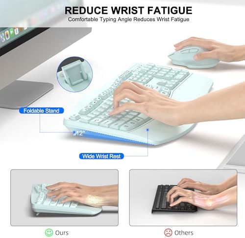 Wireless Keyboard and Mouse Combo, 2.4G Ergonomic Wave Key(Mint Green) - Image 3