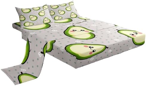 Erosebridal Kids Avocado Sheet Set - Green & Yellow Kawaii Avocado Decor, Full Size - 1 Fitted Sheet, 2 Pillowcases by Erosebridal
