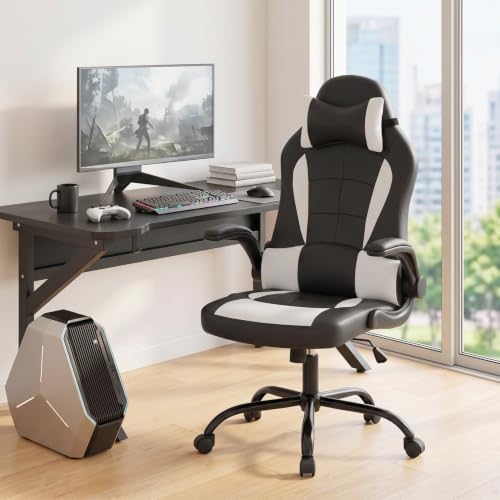 BestOffice PC Gaming Chair Ergonomic Office Chair Desk Chair with Lumbar Support Flip Up Arms Headrest PU Leather Executive High Back Computer Chair for Adults Women Men (White) - Image 2