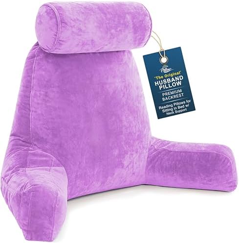 Husband Pillow XXL The Original for Adults - 30" Tall Backrest for Sitting Up in Bed - Firm Support Reading, Bed Rest Pillow for Adults, Neck Roll, Removable Cover - TV - Light Purple by HusbandPillow